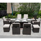 Luxury Style Dark Brown Wicker 11-Piece Outdoor Gas Fire Pit Dining Set