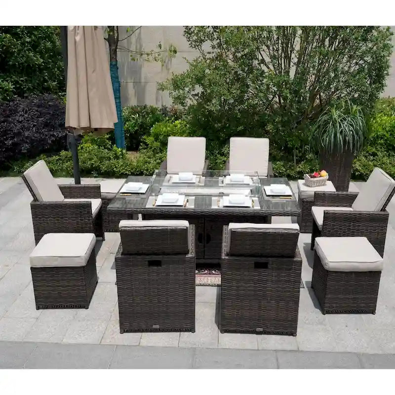 Luxury Style Dark Brown Wicker 11-Piece Outdoor Gas Fire Pit Dining Set