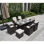 Luxury Style Dark Brown Wicker 11-Piece Outdoor Gas Fire Pit Dining Set