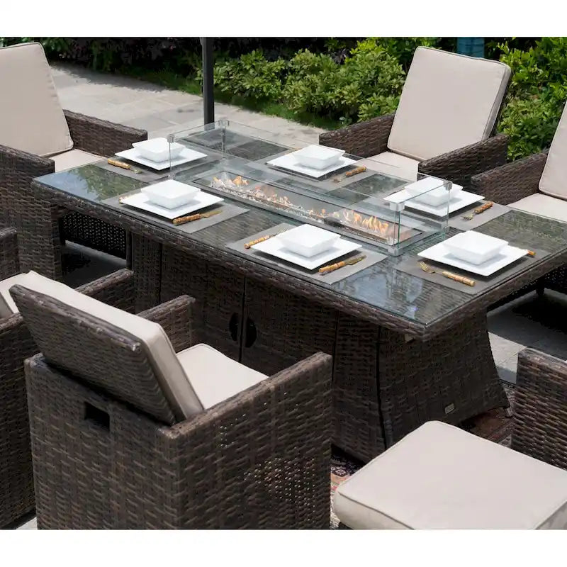 Luxury Style Dark Brown Wicker 11-Piece Outdoor Gas Fire Pit Dining Set