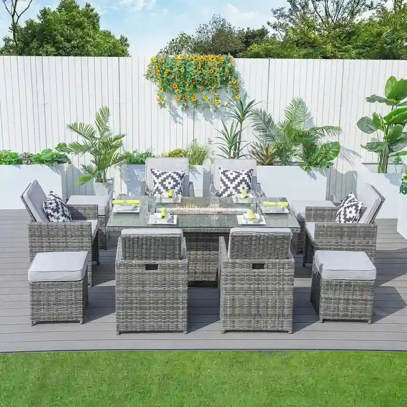 Luxury Style Dark Brown Wicker 11-Piece Outdoor Gas Fire Pit Dining Set