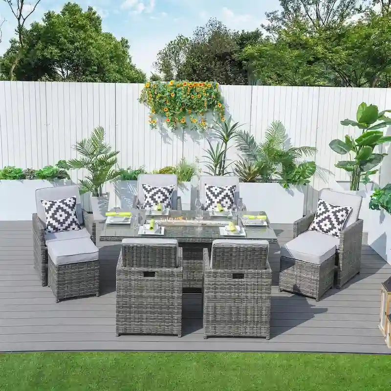 Luxury Style Dark Brown Wicker 11-Piece Outdoor Gas Fire Pit Dining Set