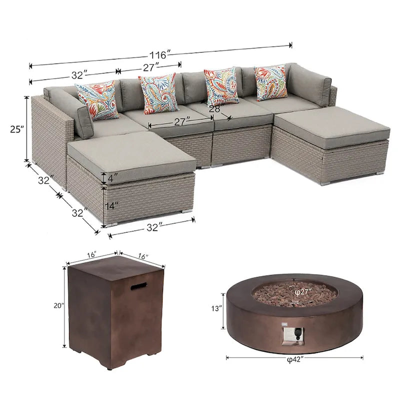 COSIEST 8-Piece Outdoor Furniture Sofa With Fire Table,Tank Outside