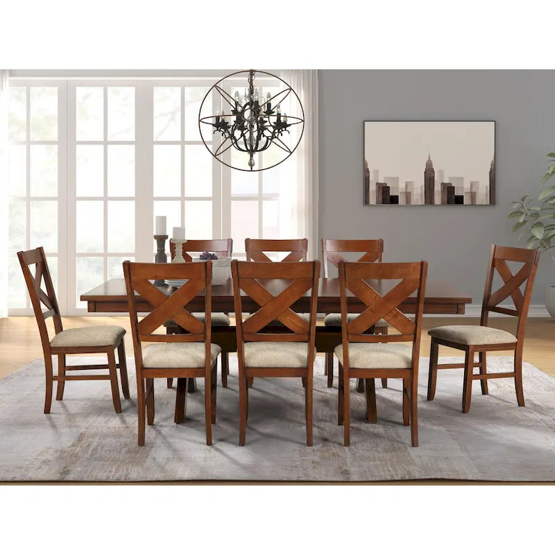 Set da pranzo Roundhill Furniture Karven in legno 9 pezzi, tavolo da pranzo allungabile con piedistallo con 8 sedie, nocciola scuro