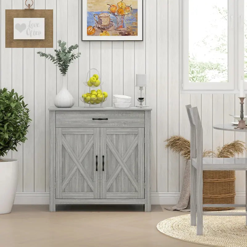 HOMCOM 32 Farmhouse Barn Door Style Sideboard Cabinet,Buffet Storage Cabinet Coffee Bar for Living Room or Entryway