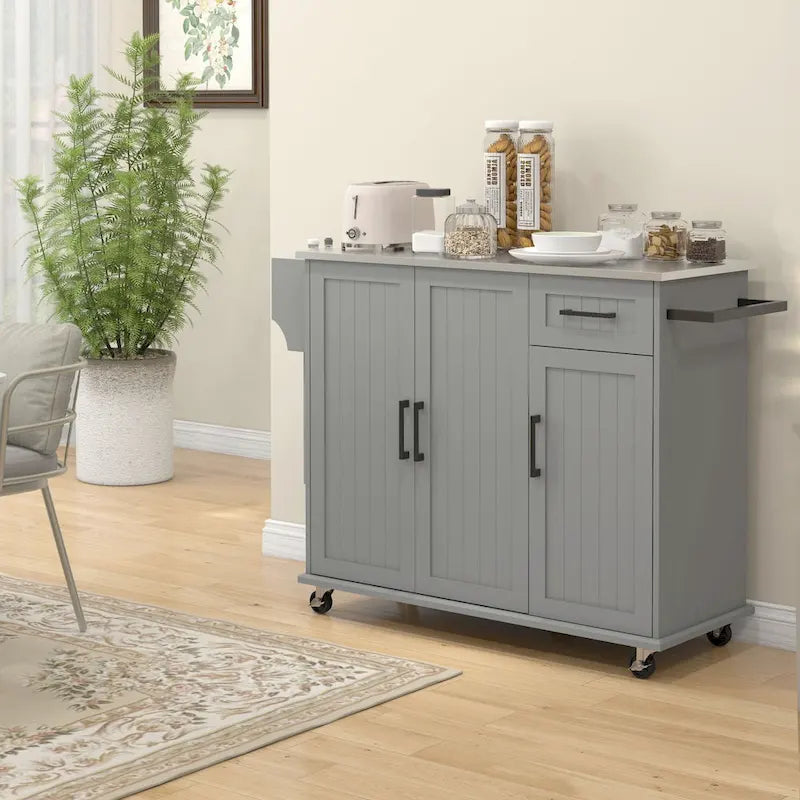 HOMCOM Kitchen Island with Storage, Rolling Kitchen Island on Wheels with Drawer, 3 Cabinets, Stainless Steel Countertop