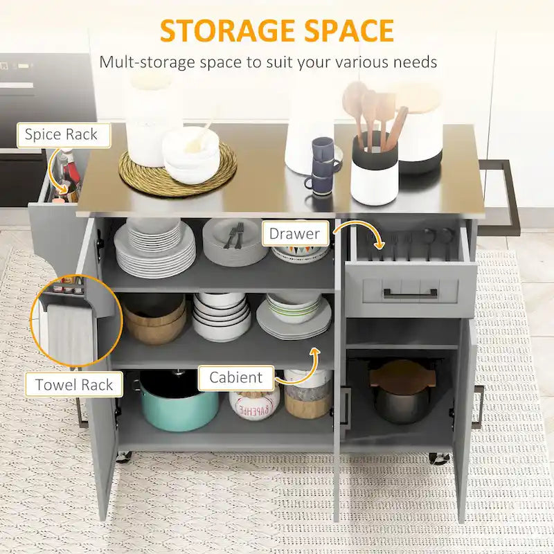 HOMCOM Kitchen Island with Storage, Rolling Kitchen Island on Wheels with Drawer, 3 Cabinets, Stainless Steel Countertop