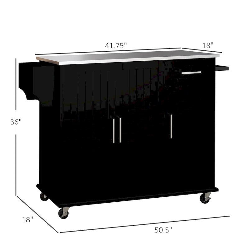 HOMCOM Kitchen Island with Storage, Rolling Kitchen Island on Wheels with Drawer, 3 Cabinets, Stainless Steel Countertop