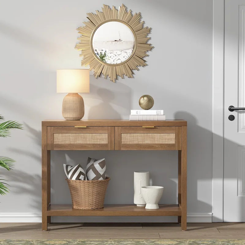 SICOTAS Rattan Console Table with 2 Drawers and Shelves - 30 x 39.4 x 13.8