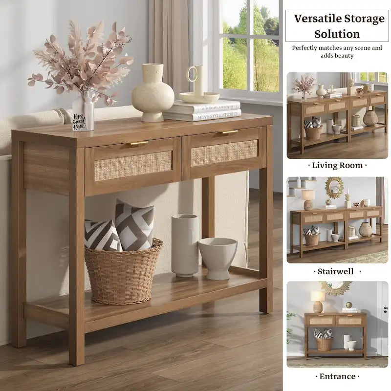 SICOTAS Rattan Console Table with 2 Drawers and Shelves - 30 x 39.4 x 13.8