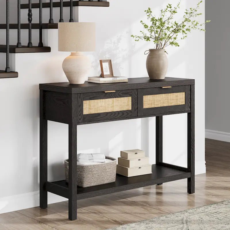 SICOTAS Rattan Console Table with 2 Drawers and Shelves - 30 x 39.4 x 13.8