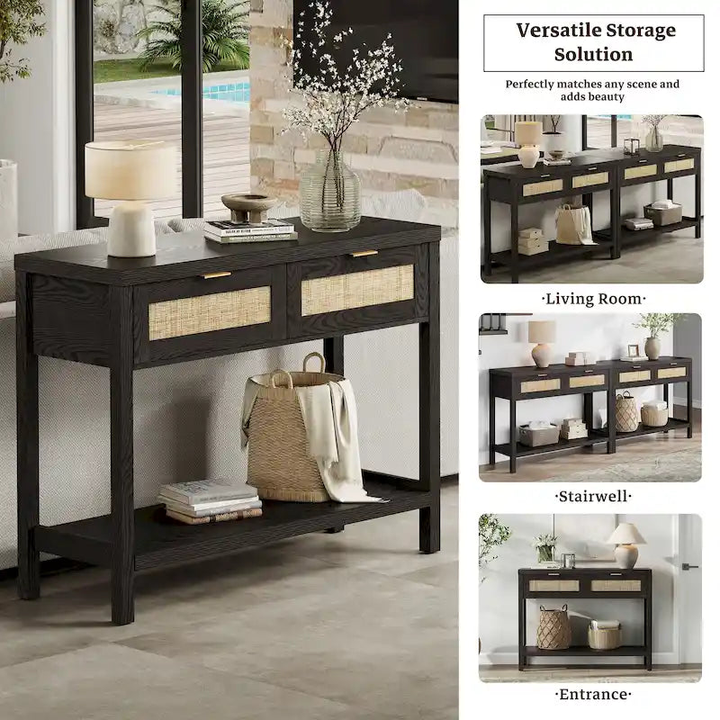 SICOTAS Rattan Console Table with 2 Drawers and Shelves - 30 x 39.4 x 13.8