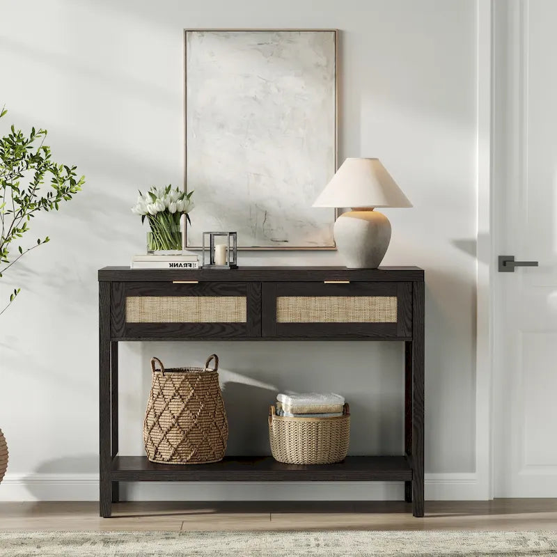 SICOTAS Rattan Console Table with 2 Drawers and Shelves - 30 x 39.4 x 13.8