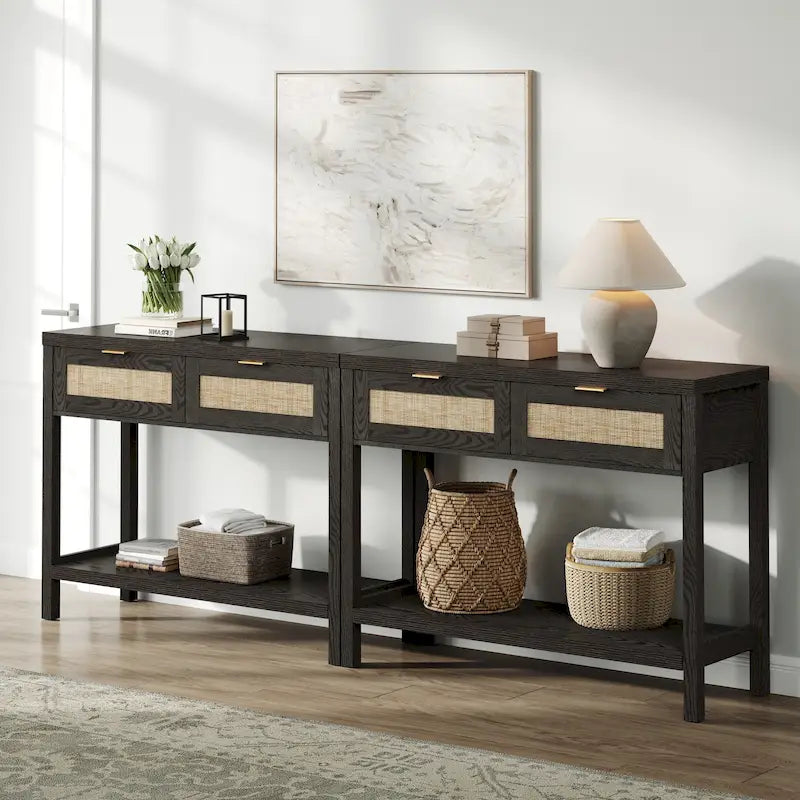 SICOTAS Rattan Console Table with 2 Drawers and Shelves - 30 x 39.4 x 13.8