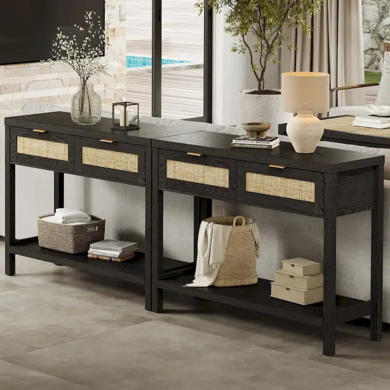 SICOTAS Rattan Console Table with 2 Drawers and Shelves - 30 x 39.4 x 13.8