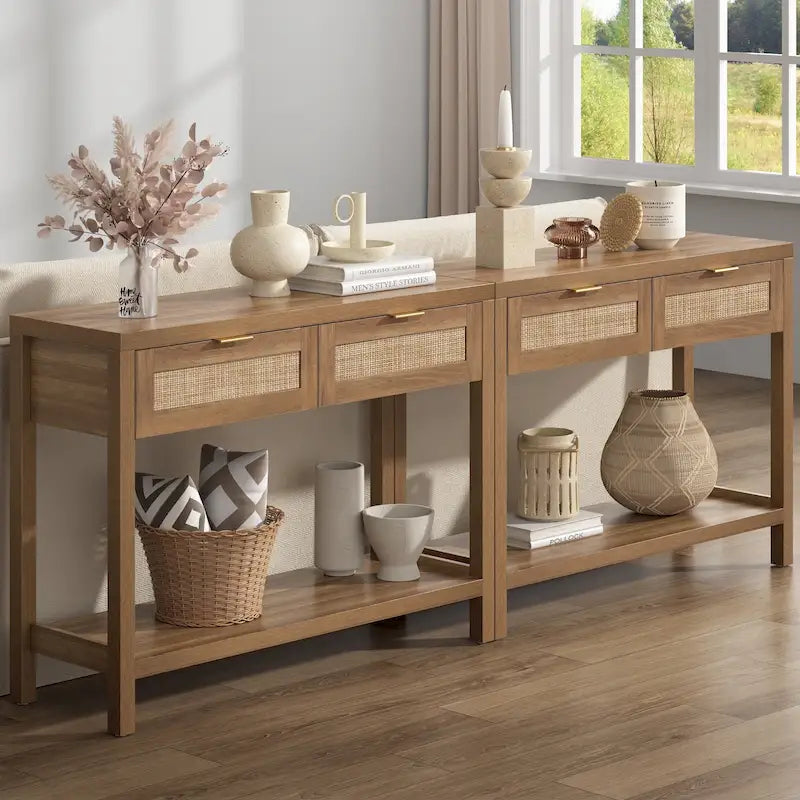 SICOTAS Rattan Console Table with 2 Drawers and Shelves - 30 x 39.4 x 13.8