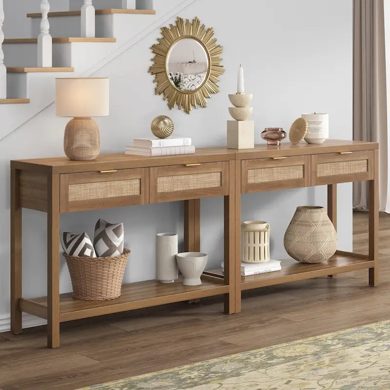 SICOTAS Rattan Console Table with 2 Drawers and Shelves - 30 x 39.4 x 13.8