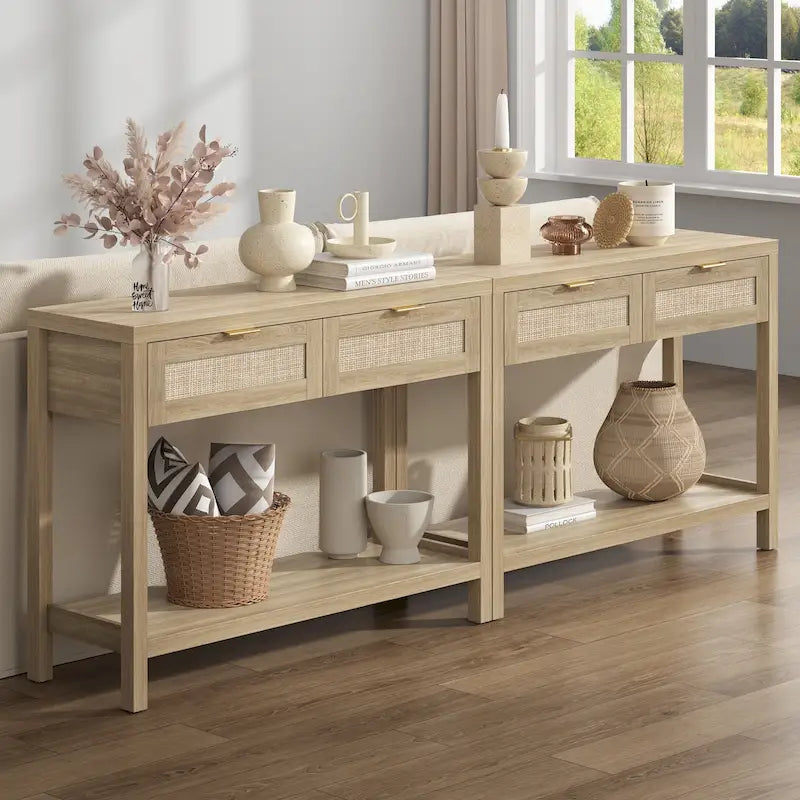 SICOTAS Rattan Console Table with 2 Drawers and Shelves - 30 x 39.4 x 13.8