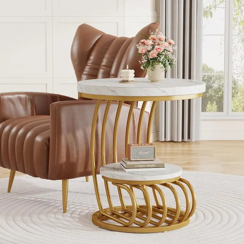 Round End Table, 2 Tiers Side Table for Living Room Bedroom