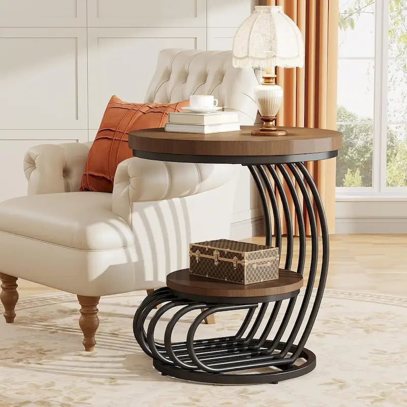 Round End Table, 2 Tiers Side Table for Living Room Bedroom