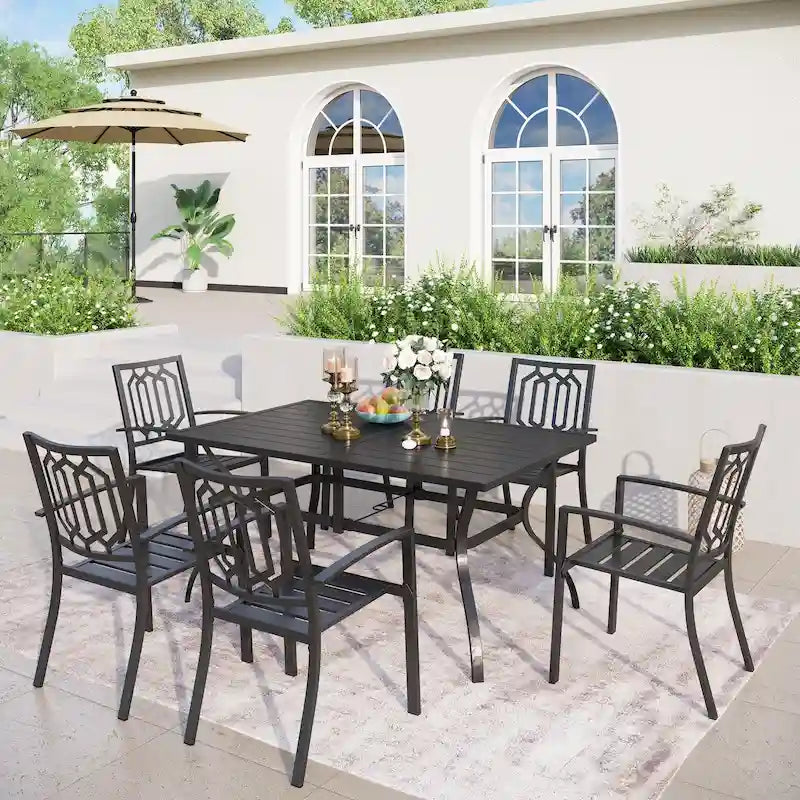 MAISON ARTS Patio Dining Set 7 Piece Metal Rectangle Table and 6 Metal Chairs