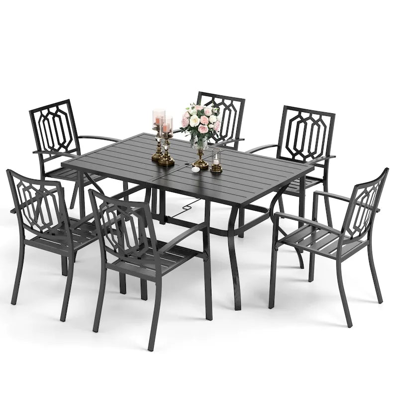 MAISON ARTS Set da Pranzo per Patio da 7 Pezzi con Tavolo Rettangolare in Metallo e 6 Sedie in Metallo
