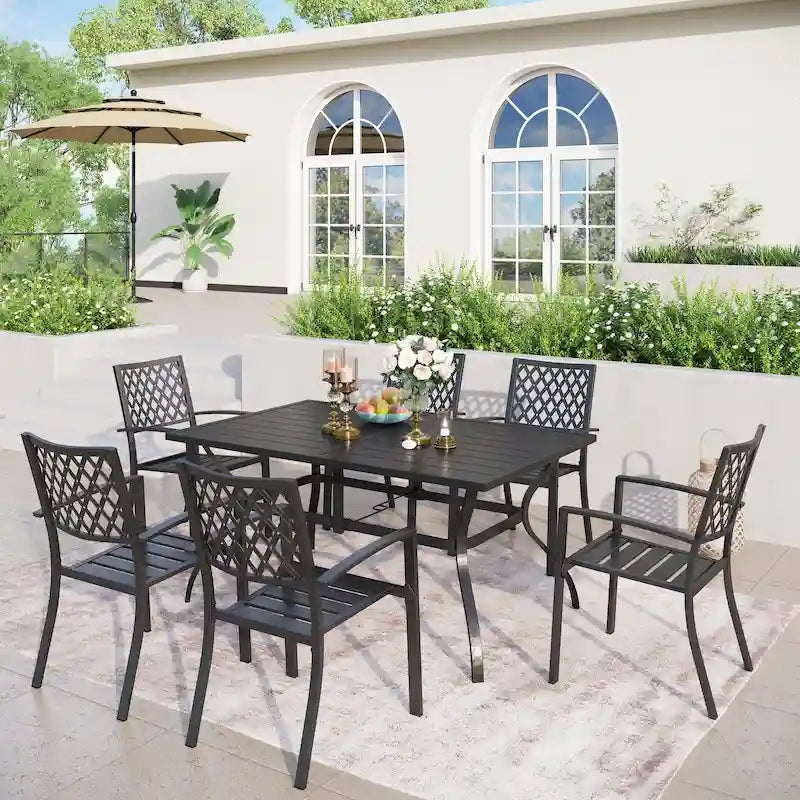 MAISON ARTS Set da Pranzo per Patio da 7 Pezzi con Tavolo Rettangolare in Metallo e 6 Sedie in Metallo