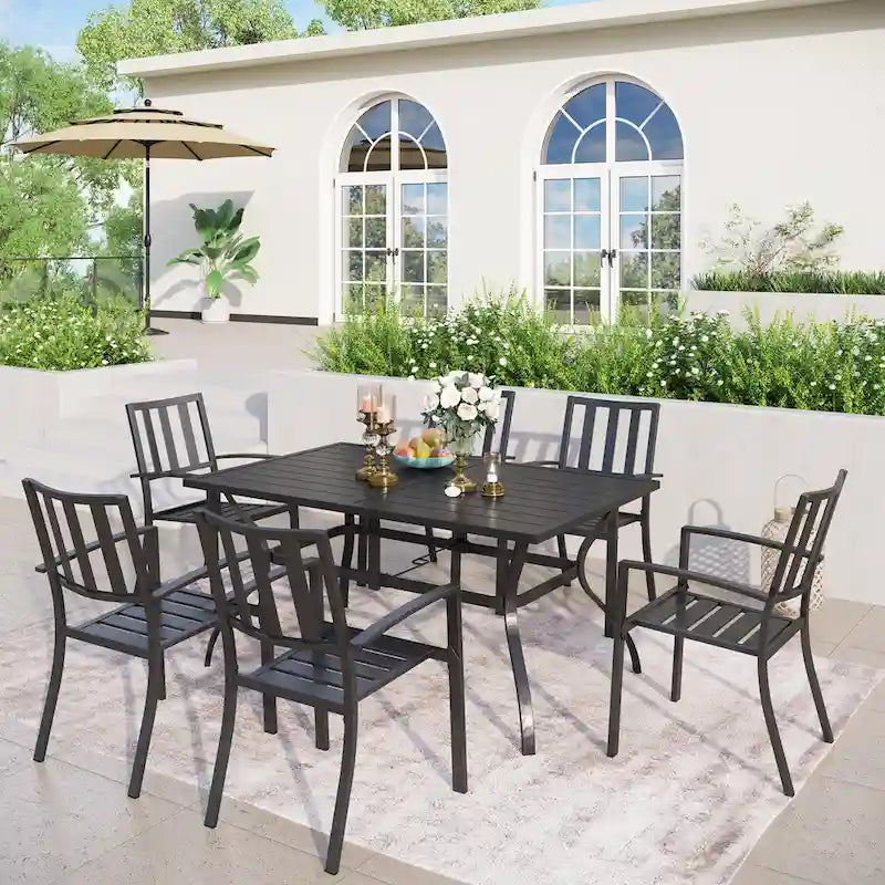 MAISON ARTS Patio Dining Set 7 Piece Metal Rectangle Table and 6 Metal Chairs