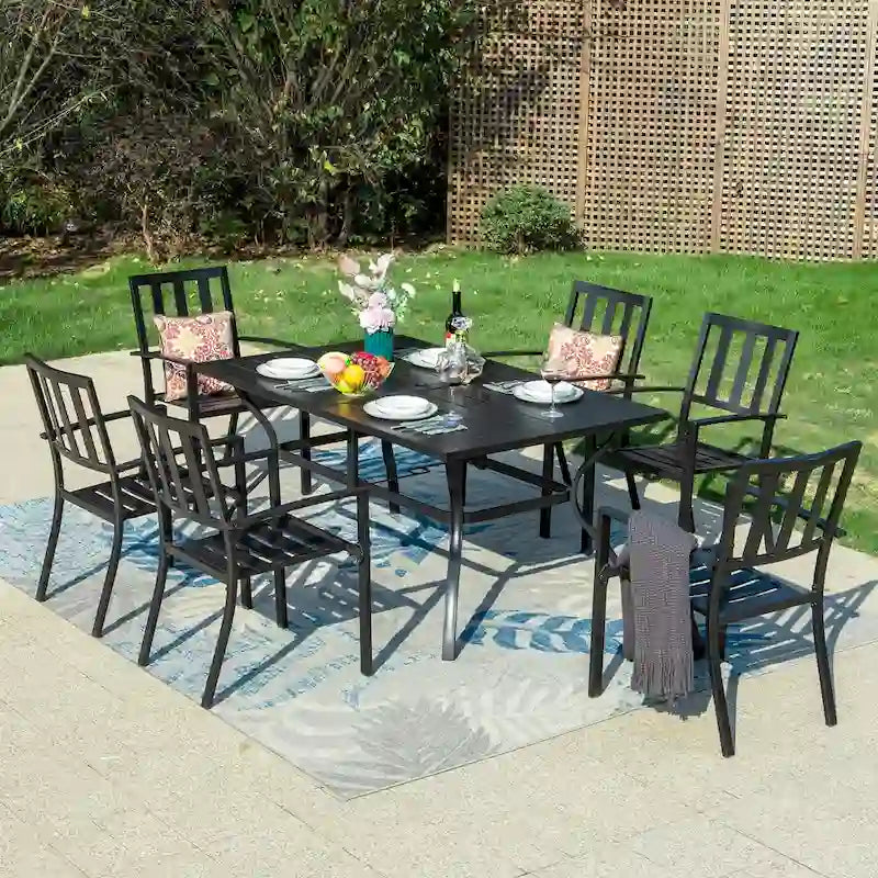 MAISON ARTS Patio Dining Set 7 Piece Metal Rectangle Table and 6 Metal Chairs