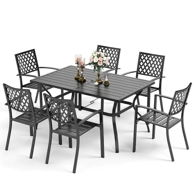 MAISON ARTS Patio Dining Set 7 Piece Metal Rectangle Table and 6 Metal Chairs