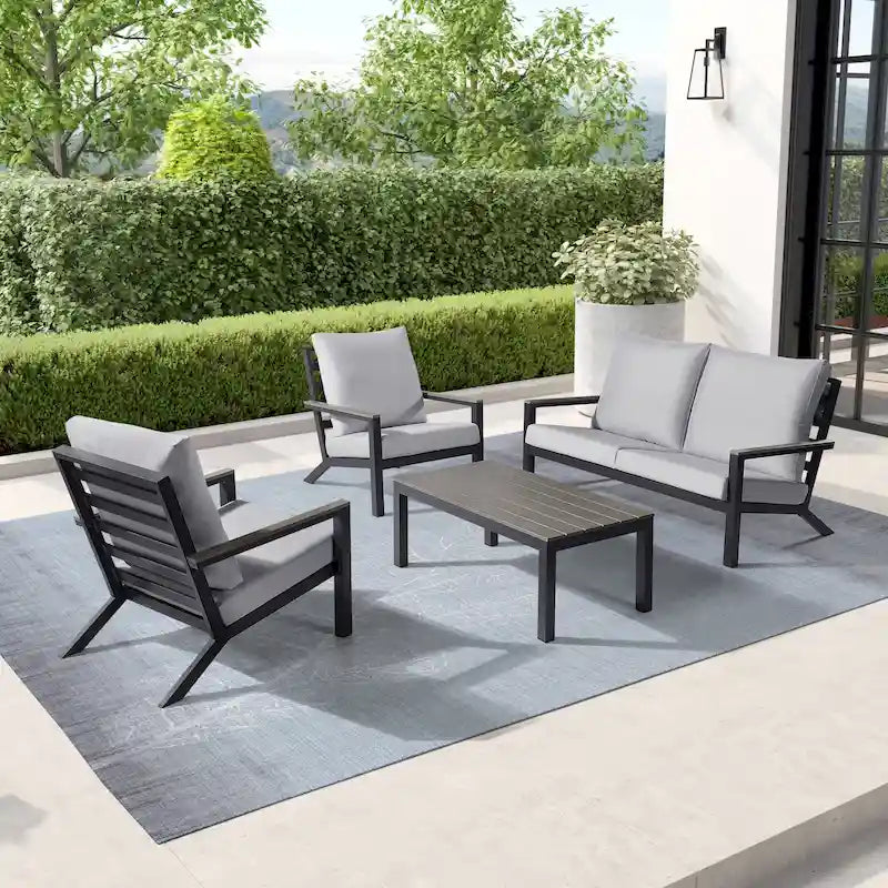 Vermont 4-Piece Aluminum Conversation Set with Slatted Faux Wood Top