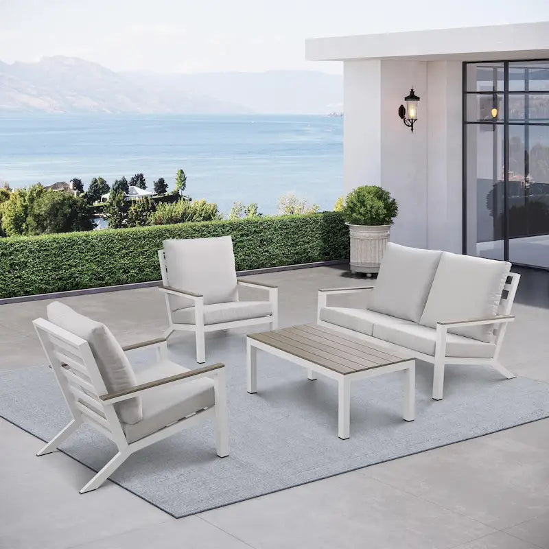Set da conversazione Vermont 4 pezzi in alluminio con piano a doghe effetto legno