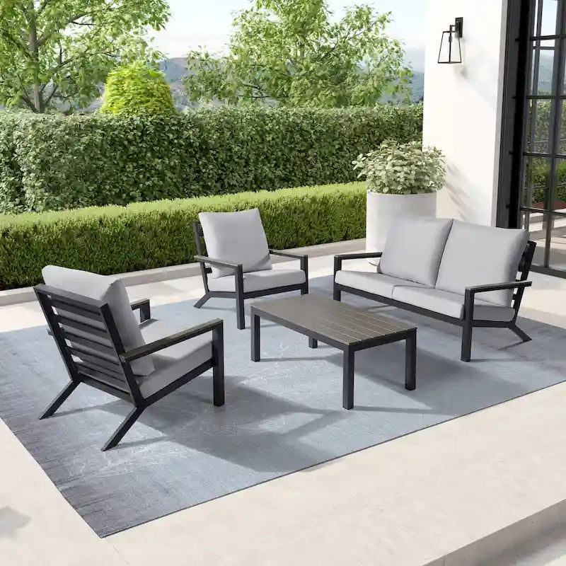 Vermont 4-Piece Aluminum Conversation Set with Slatted Faux Wood Top