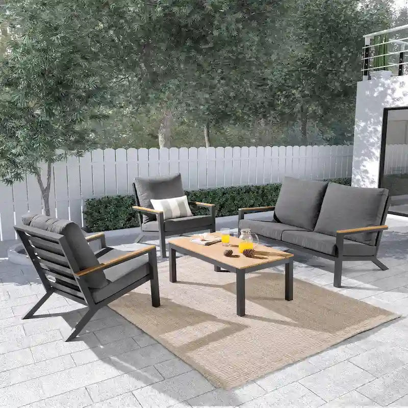 Vermont 4-Piece Aluminum Conversation Set with Slatted Faux Wood Top