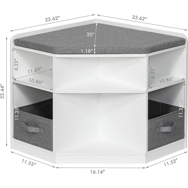 UTEX Corner Reading Nook, Bench with Storage, Corner Cabinet with 3 Cubbies for Living Room, Bedroom, White