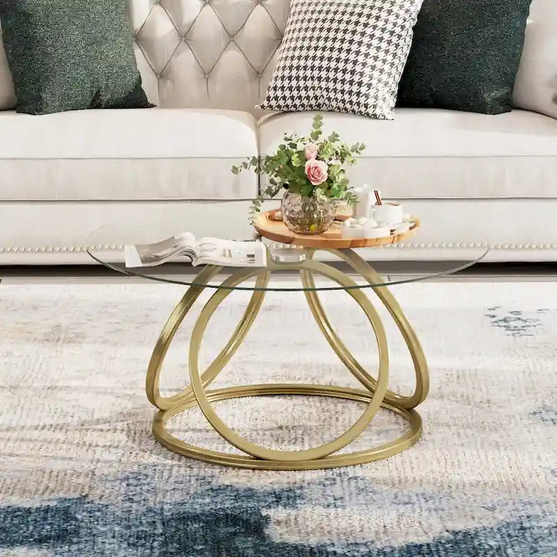 Myhozm Contemporary Glass Top Round Coffee Table