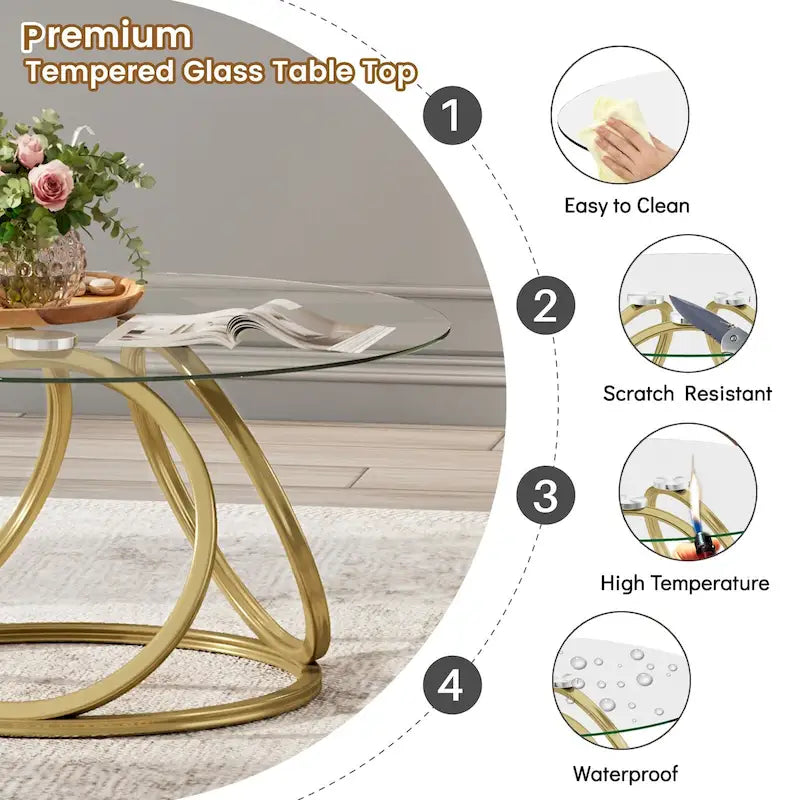 Myhozm Contemporary Glass Top Round Coffee Table