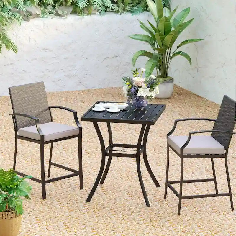 MAISONARTS 3/5-Piece Patio High Bar Stool Set Rattan Chair Back Cushioned High Bar stool & Steel High Table