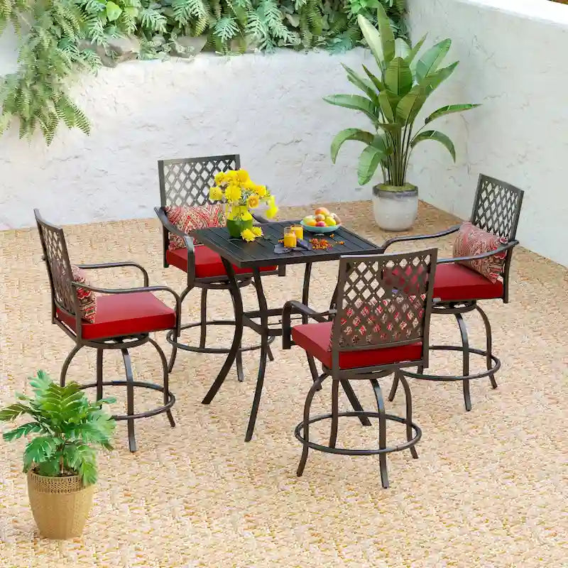 MAISONARTS Set Tavolo Bar Alto & Sgabelli Alti da Esterno (3/5 Pezzi) Sgabello Alto da Bar con Schienale in Rattan e Cuscino & Tavolo Alto in Acciaio