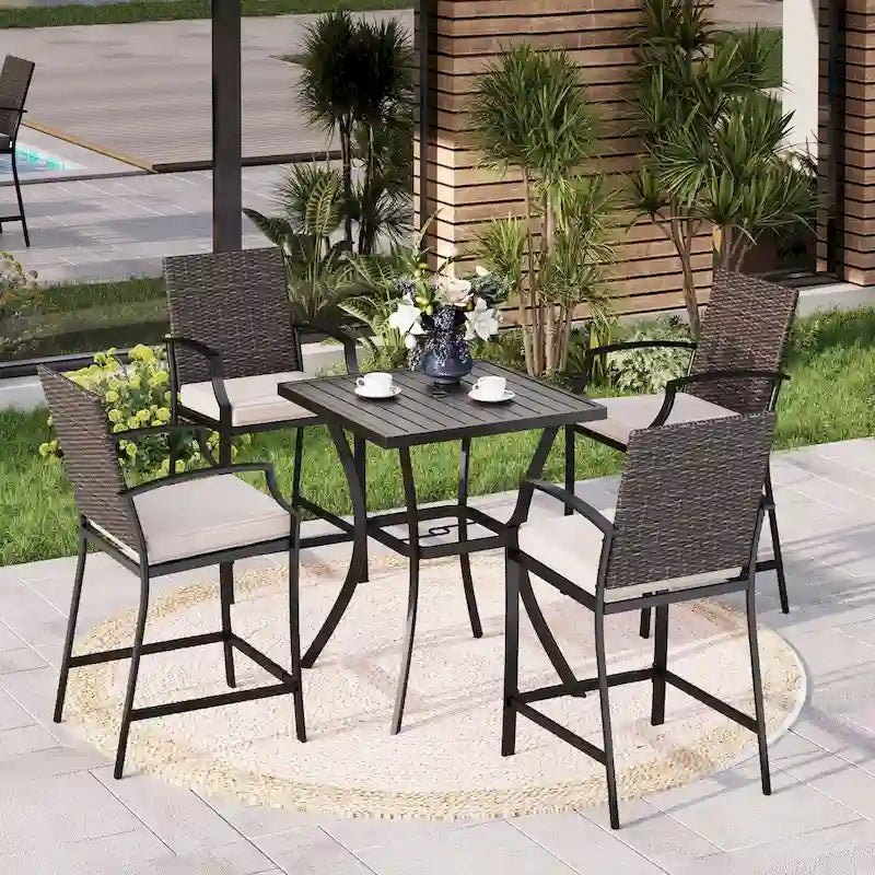 MAISONARTS 3/5-Piece Patio High Bar Stool Set Rattan Chair Back Cushioned High Bar stool & Steel High Table