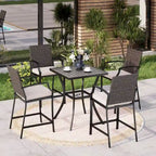 MAISONARTS 3/5-Piece Patio High Bar Stool Set Rattan Chair Back Cushioned High Bar stool & Steel High Table