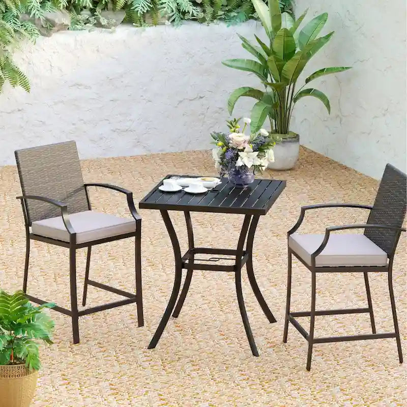 MAISONARTS 3/5-Piece Patio High Bar Stool Set Rattan Chair Back Cushioned High Bar stool & Steel High Table