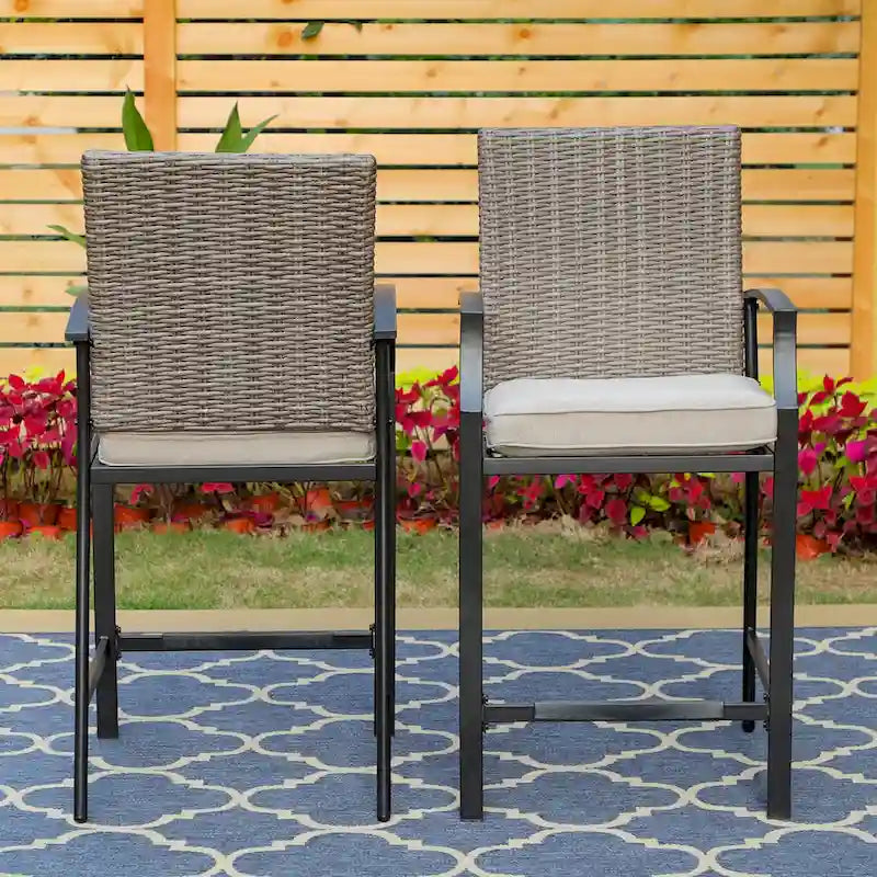 MAISONARTS 3/5-Piece Patio High Bar Stool Set Rattan Chair Back Cushioned High Bar stool & Steel High Table