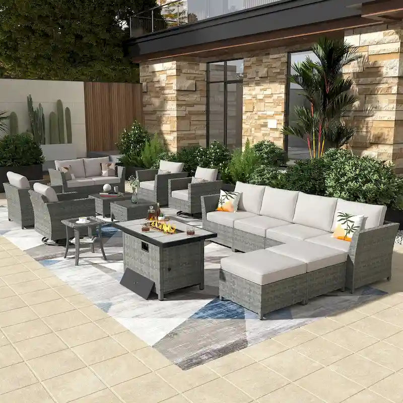 XIZZI 16-piece Outdoor Patio Wicker Furniture Sectional Set with Fire Pit