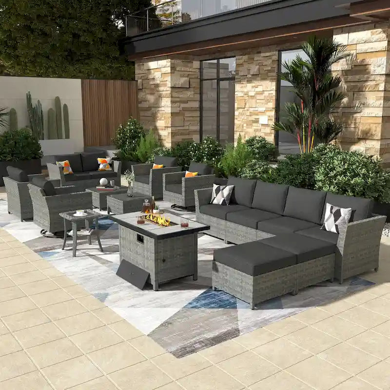 XIZZI 16-piece Outdoor Patio Wicker Furniture Sectional Set with Fire Pit