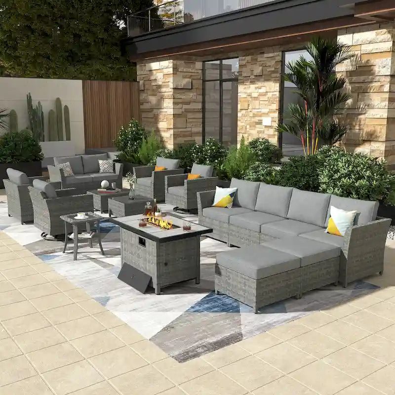 XIZZI 16-piece Outdoor Patio Wicker Furniture Sectional Set with Fire Pit