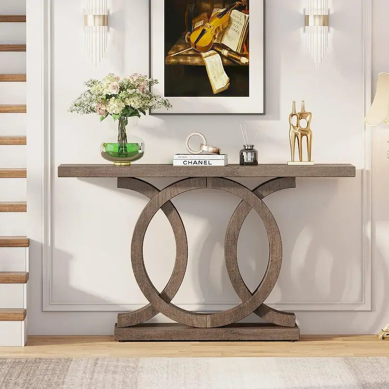55 Inch Console Table with Geometric Base Wooden Hallway Table Vintage
