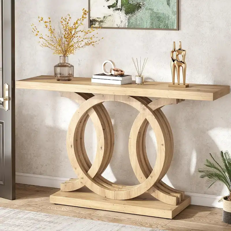 55 Inch Console Table with Geometric Base Wooden Hallway Table Vintage