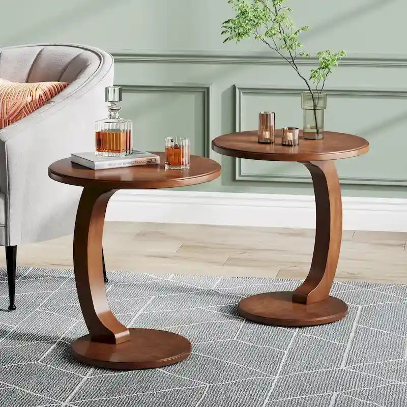Round End Table, Wood C-Shaped Side Table, Vintage Couch Side Table