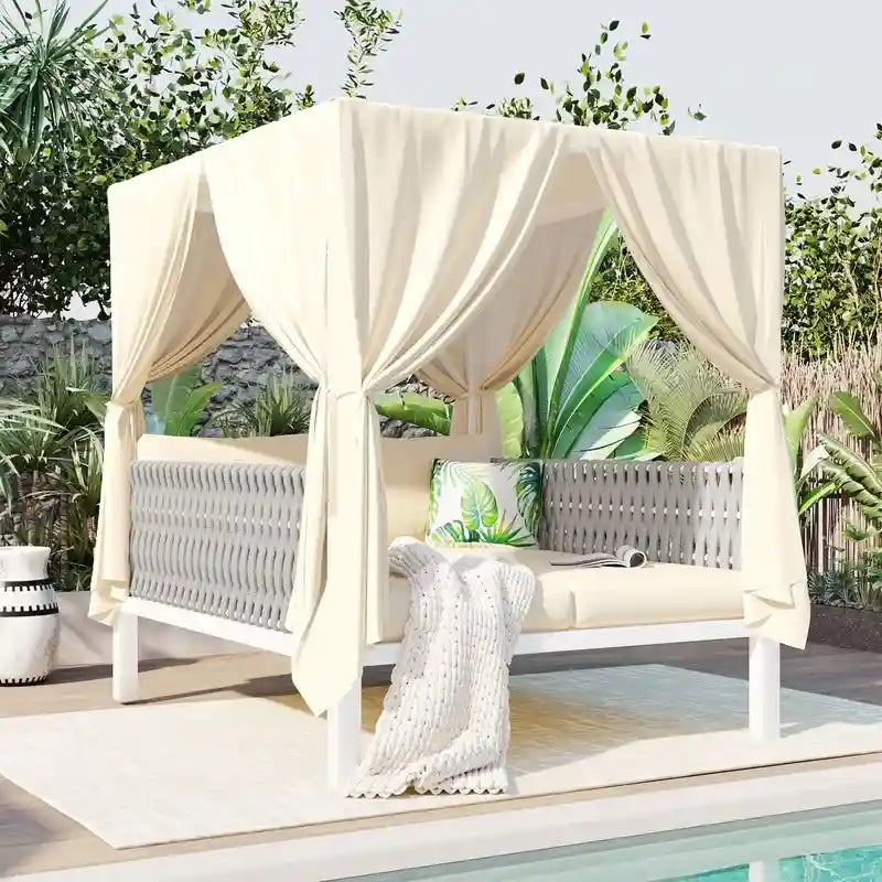 Lettino da giorno prendisole da esterno con tende, adatto per giardino, piscina